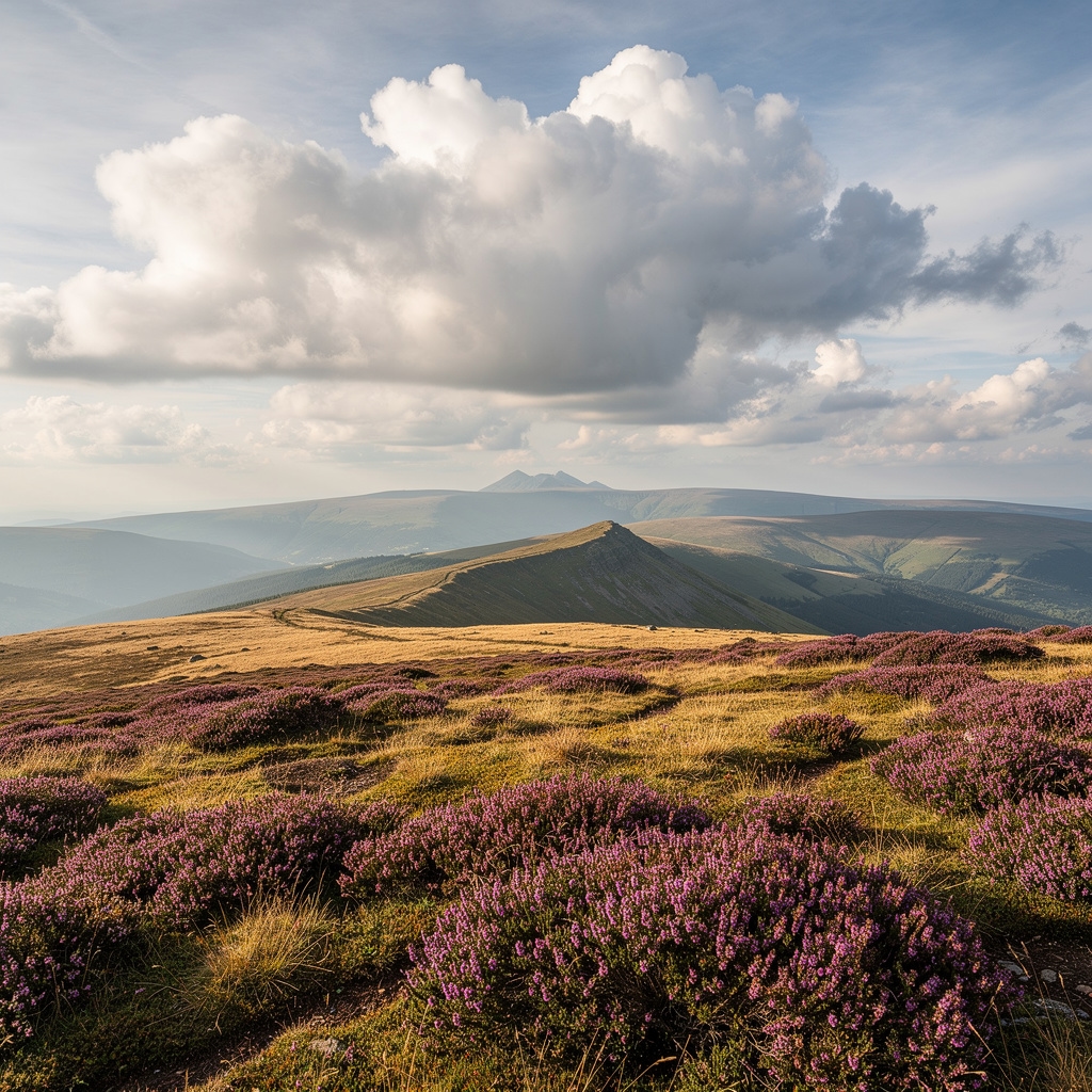 Wide view across the Berwyn Mountains in Wales with heather moorland in the foreground and distant peaks