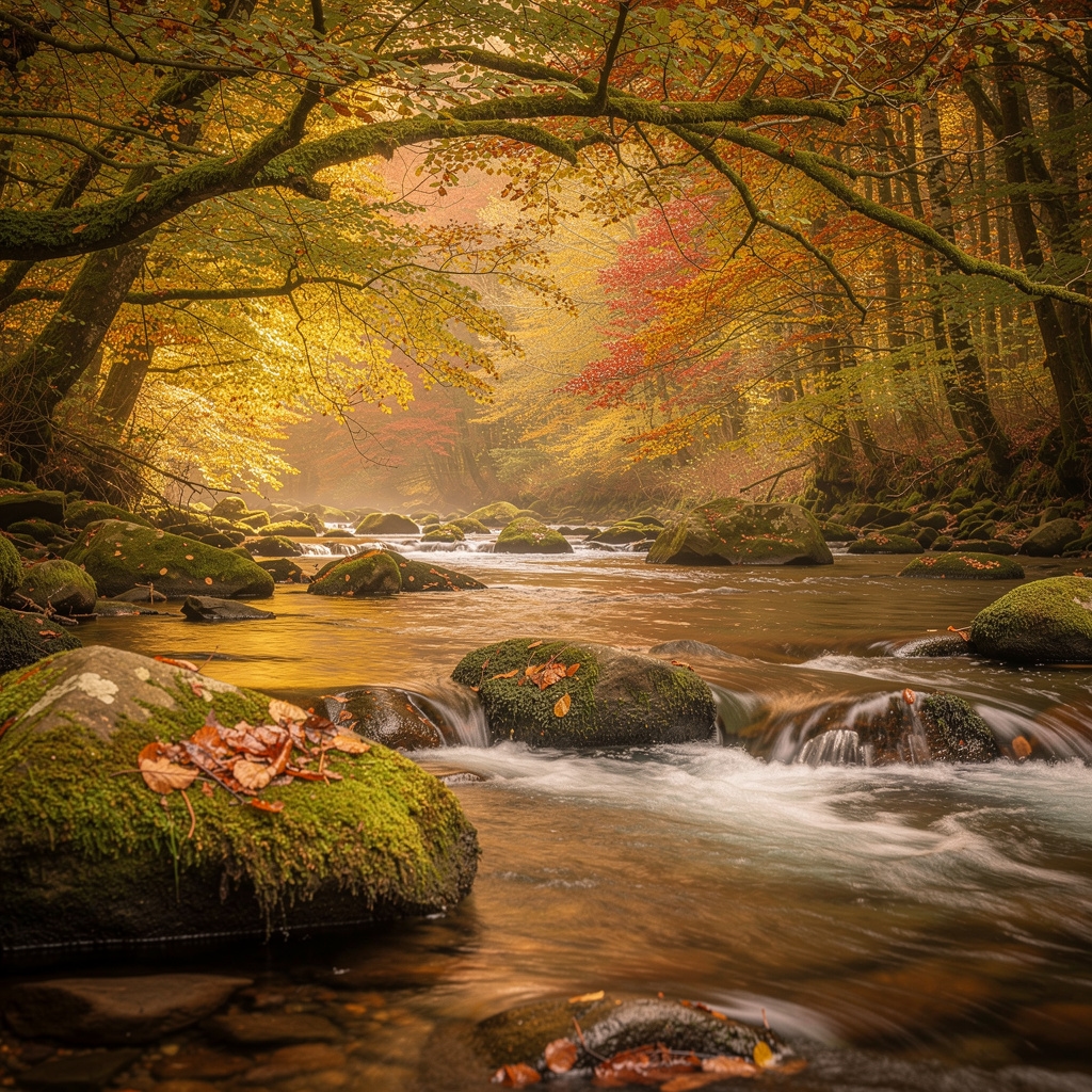 The River Ceiriog flowing over mossy stones through an autumn woodland with golden leaves