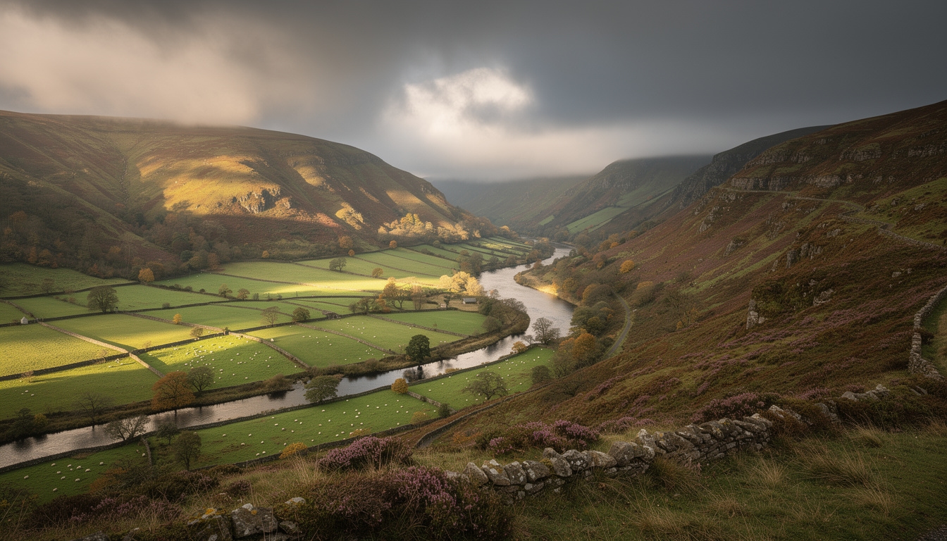 The Ceiriog Valley stretching through green Welsh hills under a dramatic sky