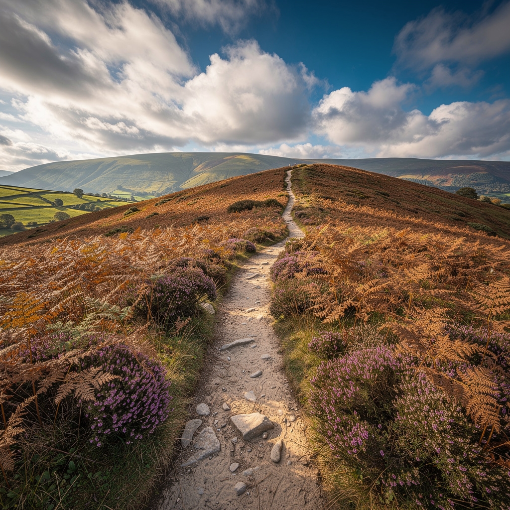 A narrow footpath winding through bracken and heather in the Ceiriog Valley with hills visible in the distance