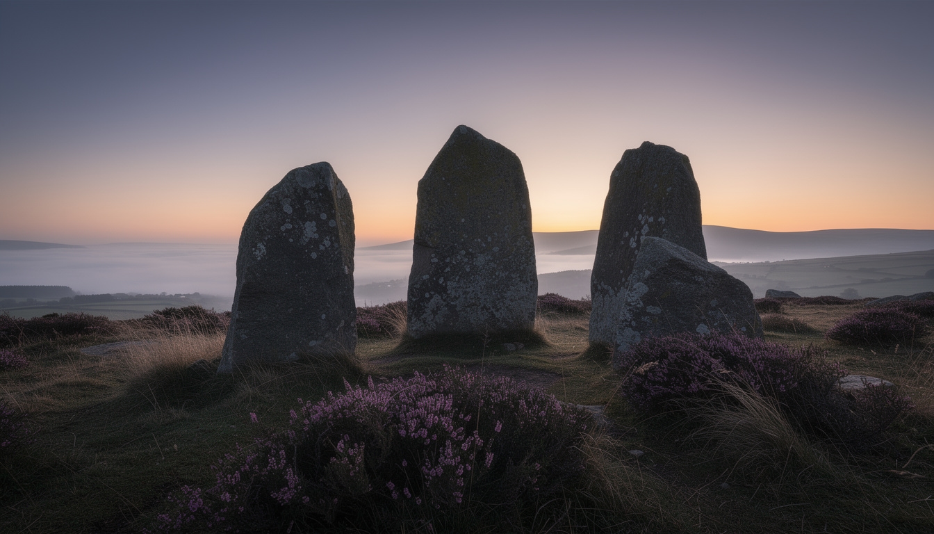 Ancient standing stones on a Welsh hillside at dusk with mist in the valley below