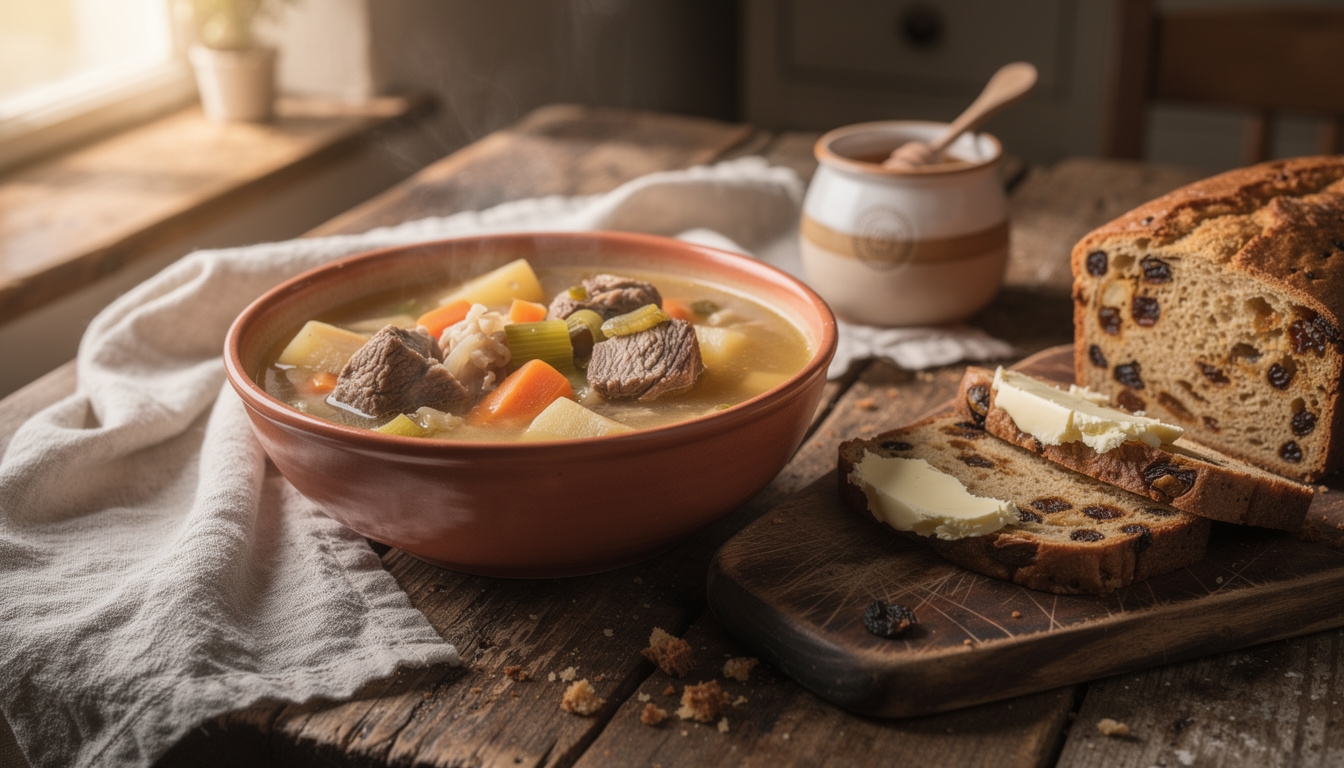 Rustic Welsh kitchen table with a bowl of cawl lamb stew and sliced bara brith fruit bread on a wooden board