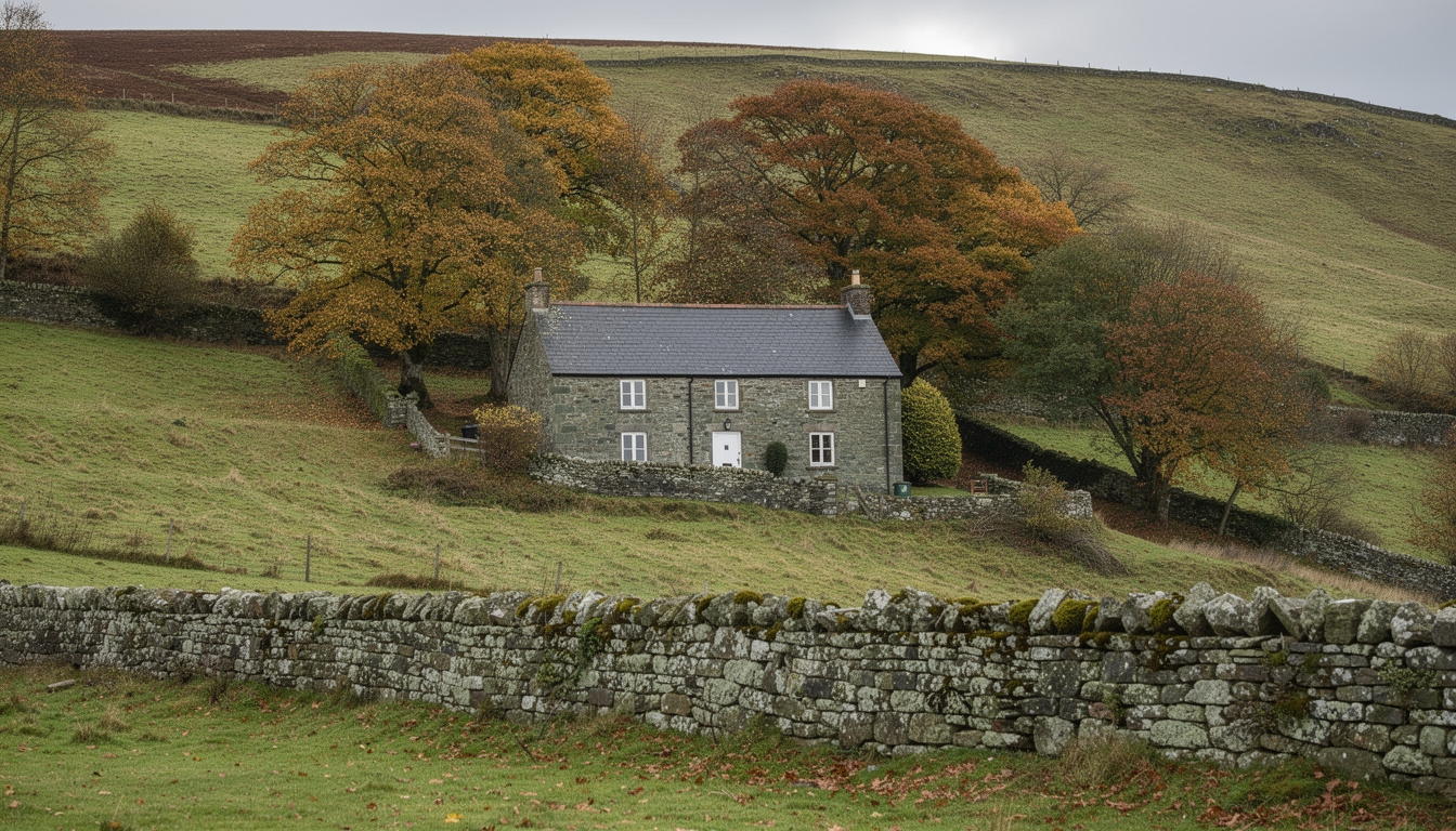 A traditional Welsh stone farmhouse nestled in a hillside valley with autumn trees