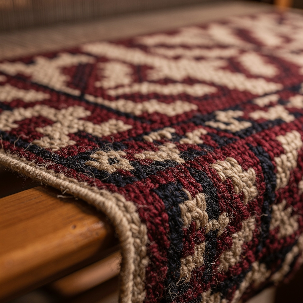Close-up of traditional Welsh woollen tapestry weaving on a wooden loom with red and cream threads